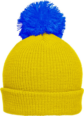 Myrtle Beach - Knitted hat with brim and pompon (yellow/azur)